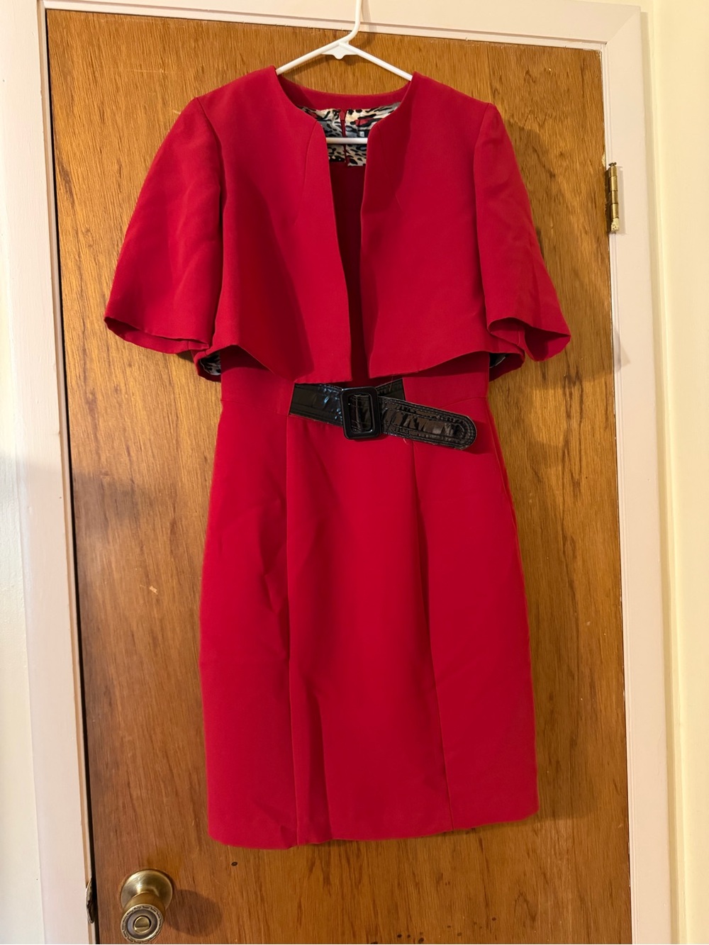 Elegant Red Midi Dress with Short Cape Sleeves and Black Belt